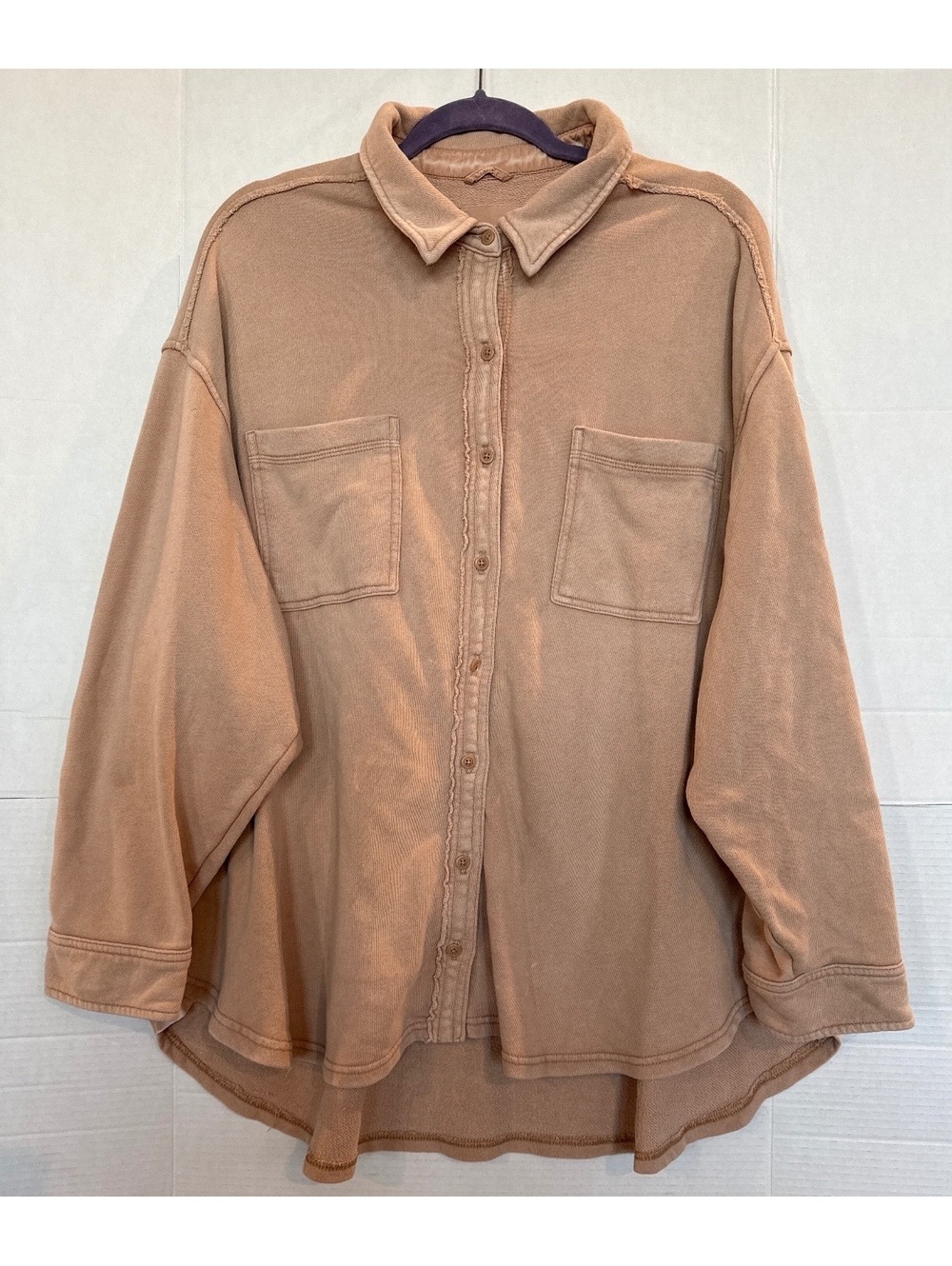Aerie Oversized Button-Up Shirt Jacket in Tan, Size XL